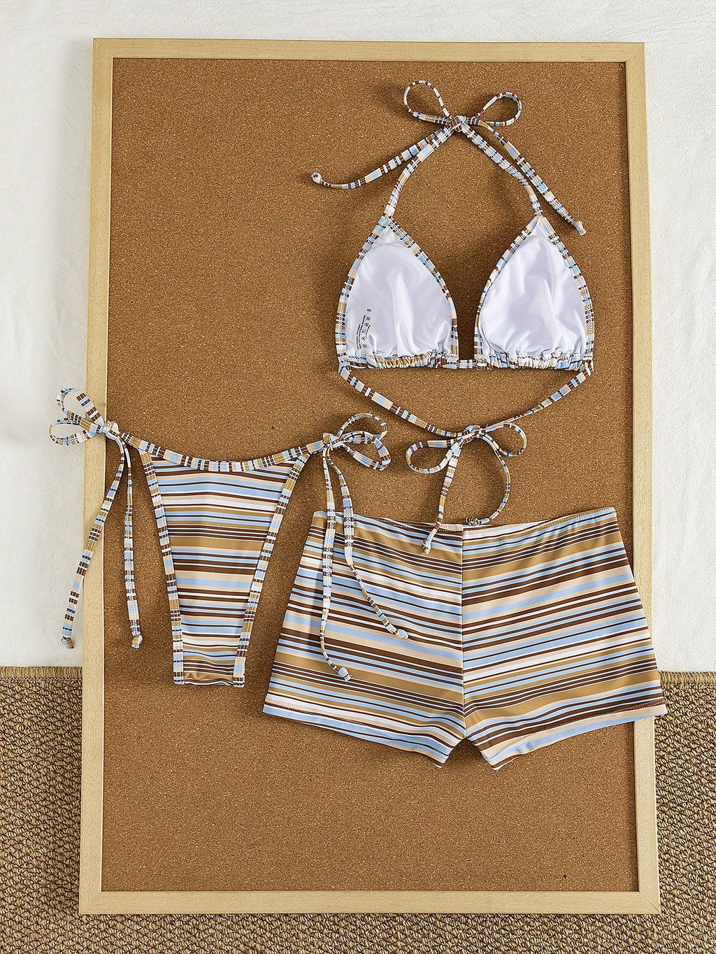 Costavie 3pcs Women's Halter Striped Tie-Front Tankini Swimwear Set