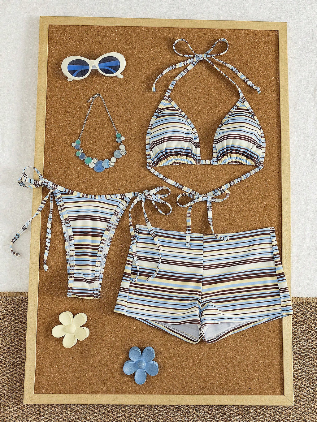Costavie 3pcs Women's Halter Striped Tie-Front Tankini Swimwear Set