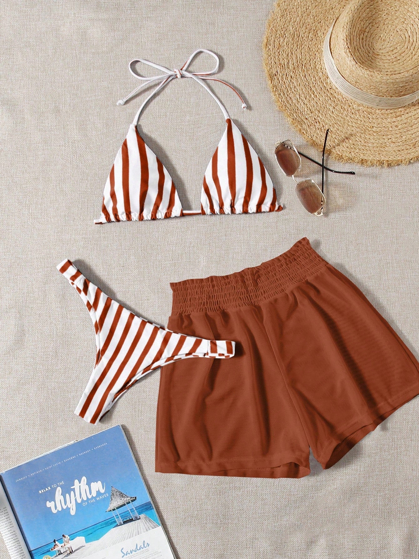 Swim Mod 3pcs Set Fresh Blue & White Striped Top, Blue Bottom And White Cover Up Shorts, Casual Beach Wear