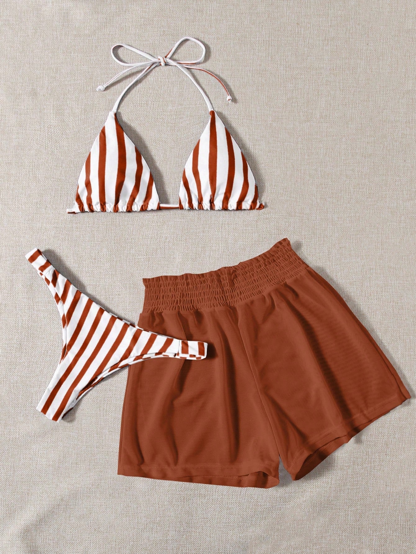 Swim Mod 3pcs Set Fresh Blue & White Striped Top, Blue Bottom And White Cover Up Shorts, Casual Beach Wear - image 3
