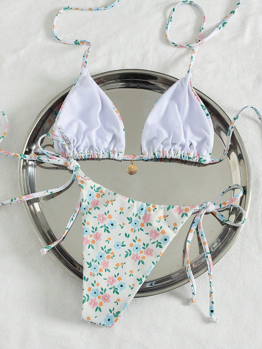 Swim Mod Multicolor Plant Pattern Fabric Halter Bikini Set Boho Style Lace Up Design - image 18