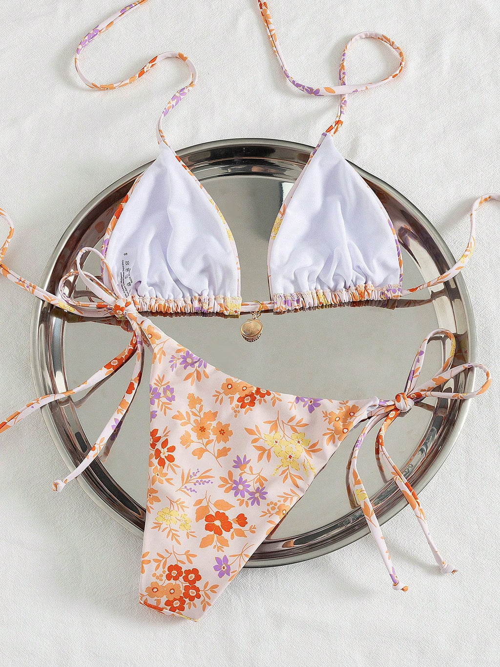 Swim Mod Multicolor Plant Pattern Fabric Halter Bikini Set Boho Style
