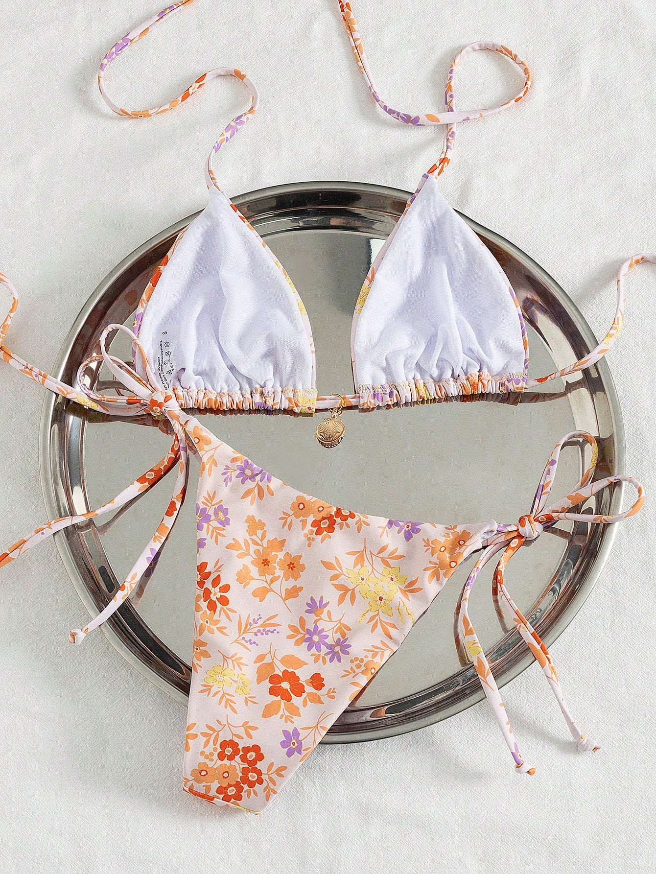 Swim Mod Multicolor Plant Pattern Fabric Halter Bikini Set Boho Style