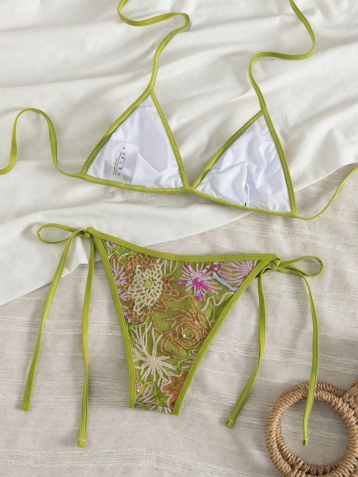 Women's Summer Camisole Bikini Set, Handmade Beaded Contrast Color Bikini Pink Vacation Beach - image 8