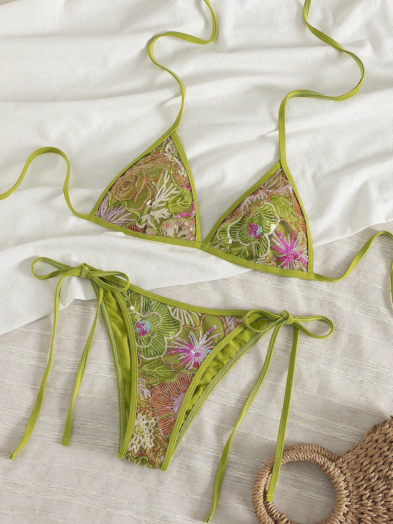 Women's Summer Camisole Bikini Set, Handmade Beaded Contrast Color