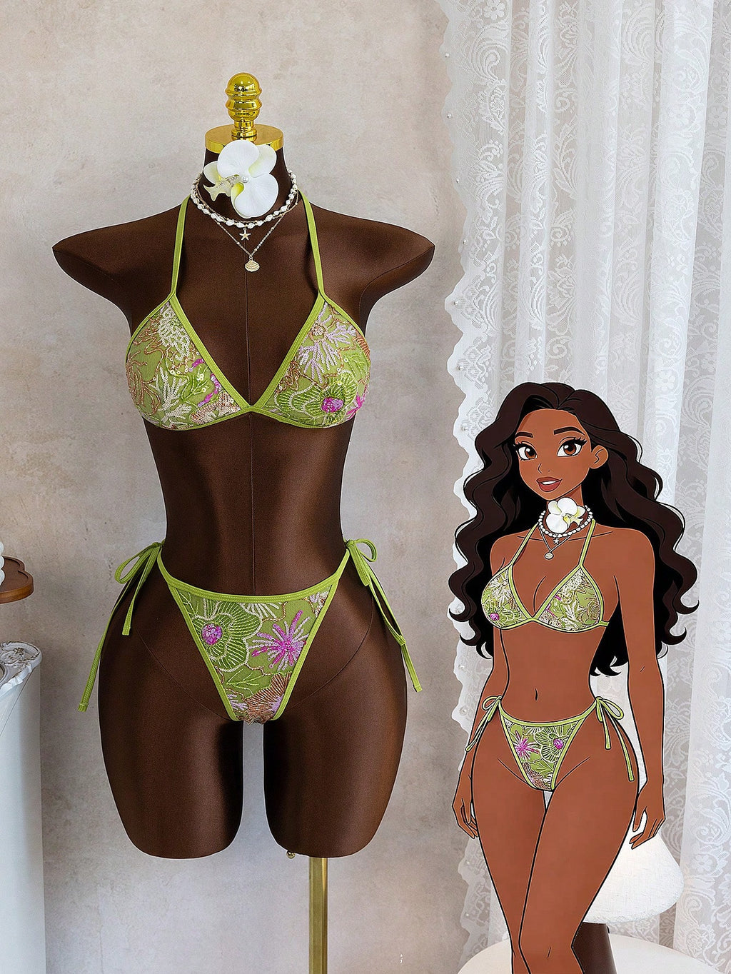 Women's Summer Camisole Bikini Set, Handmade Beaded Contrast Color