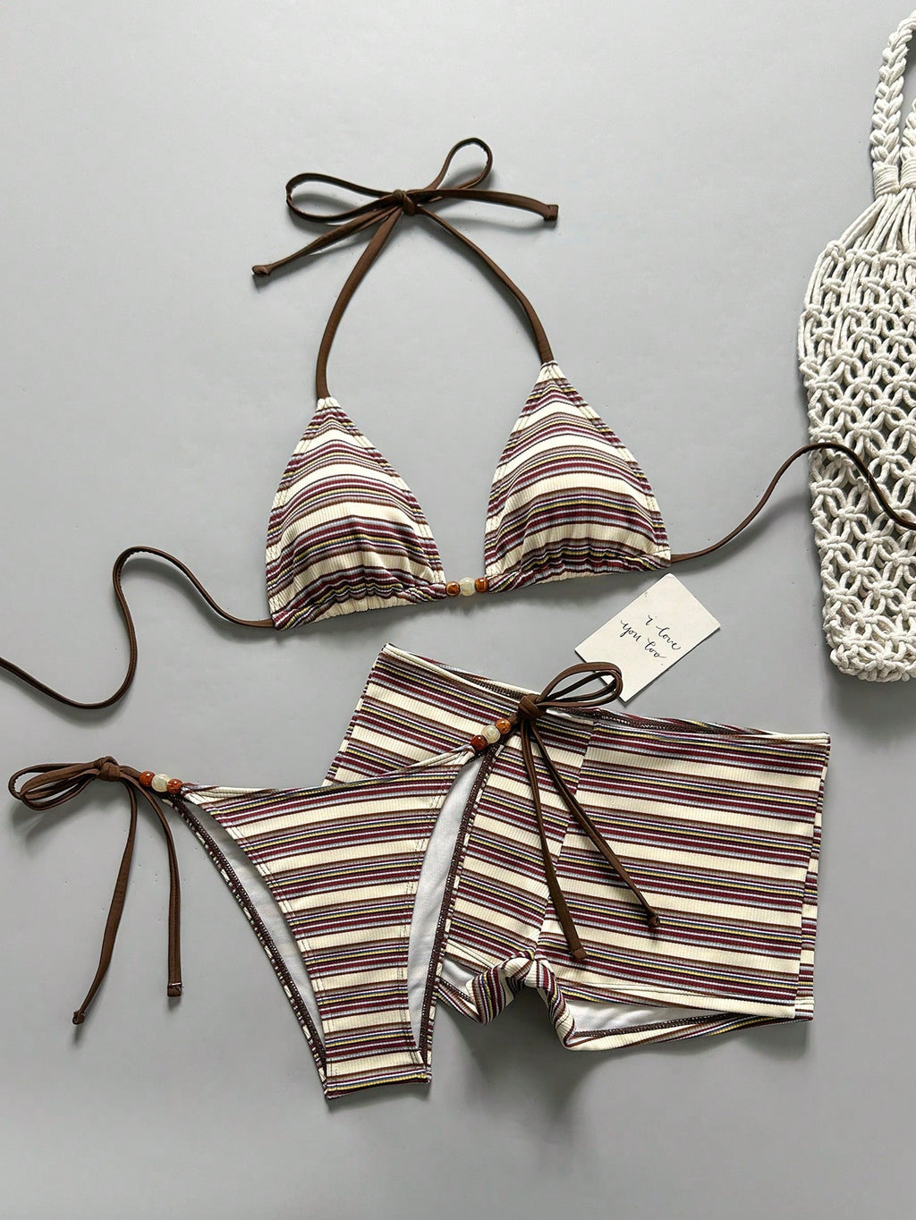 Costavie Women's 3-Piece Beachwear Set:Blue And White Stripe Textured Halter Bik