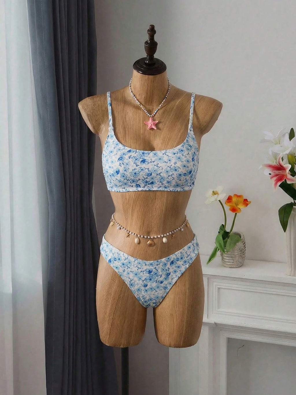 Swim Mod Striped Textured Fabric Double Strap Red & White Striped