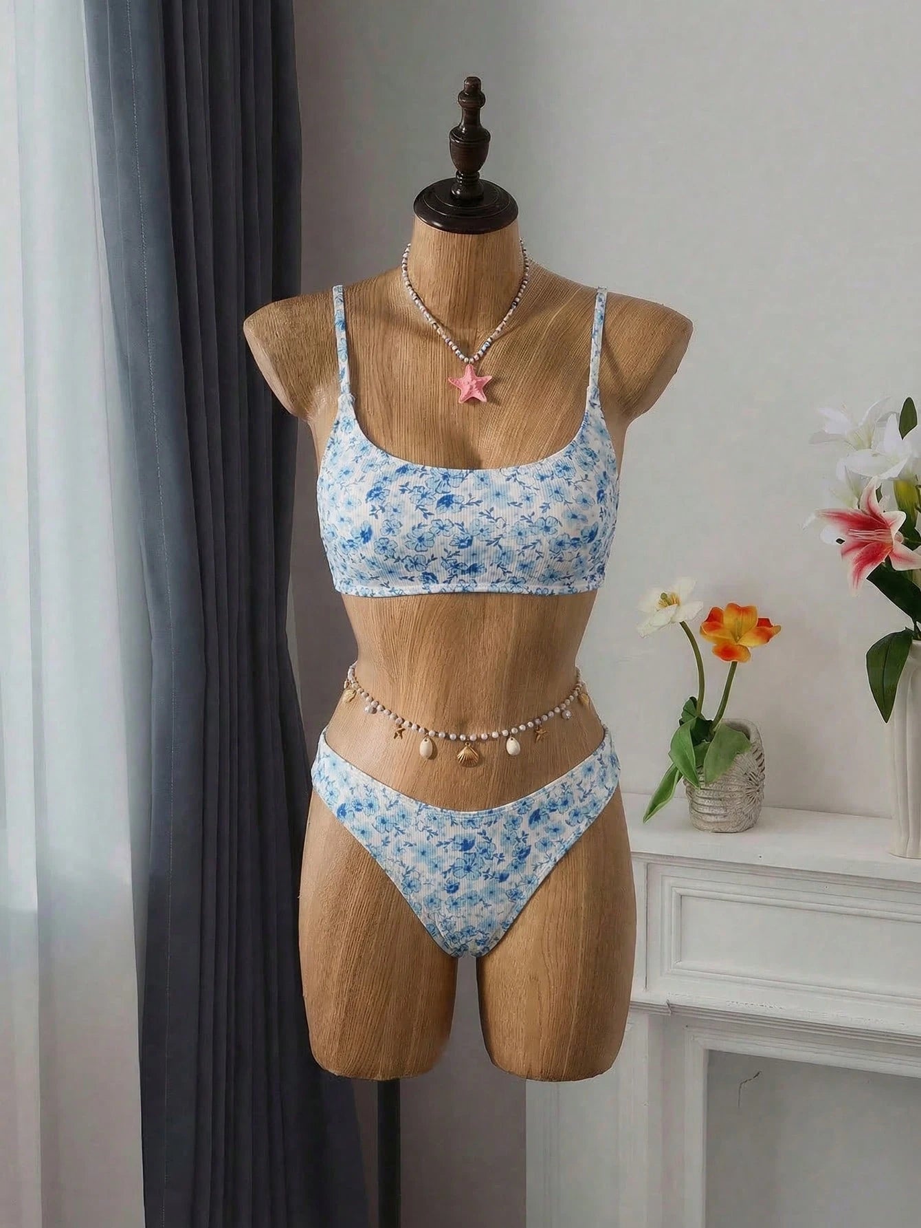 Swim Mod Striped Textured Fabric Double Strap Red & White Striped