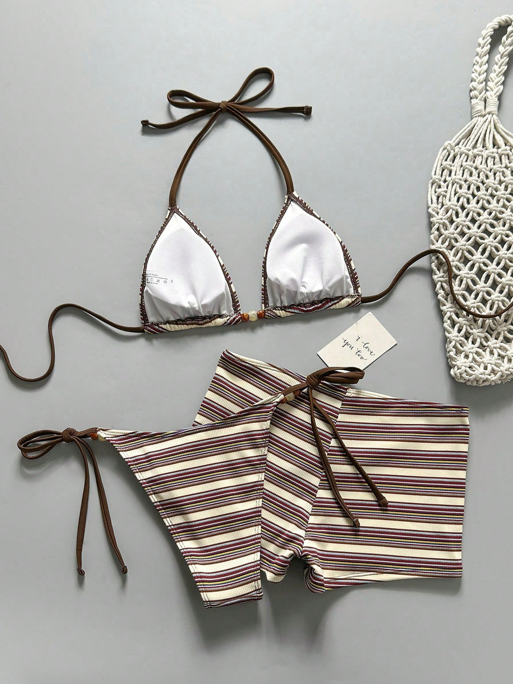 Costavie Women's 3-Piece Beachwear Set:Blue And White Stripe Textured Halter Bik