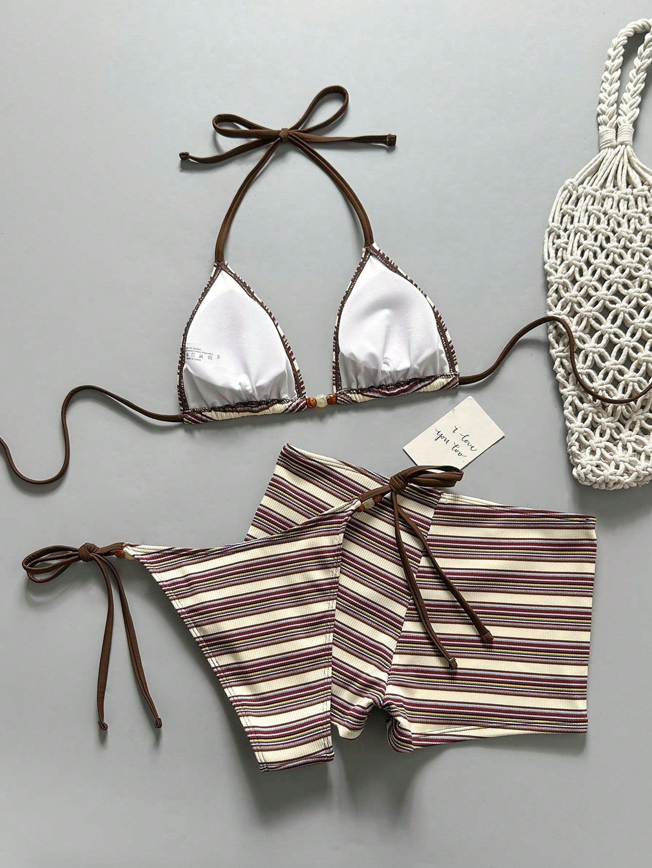 Costavie Women's 3-Piece Beachwear Set:Blue And White Stripe Textured Halter Bik