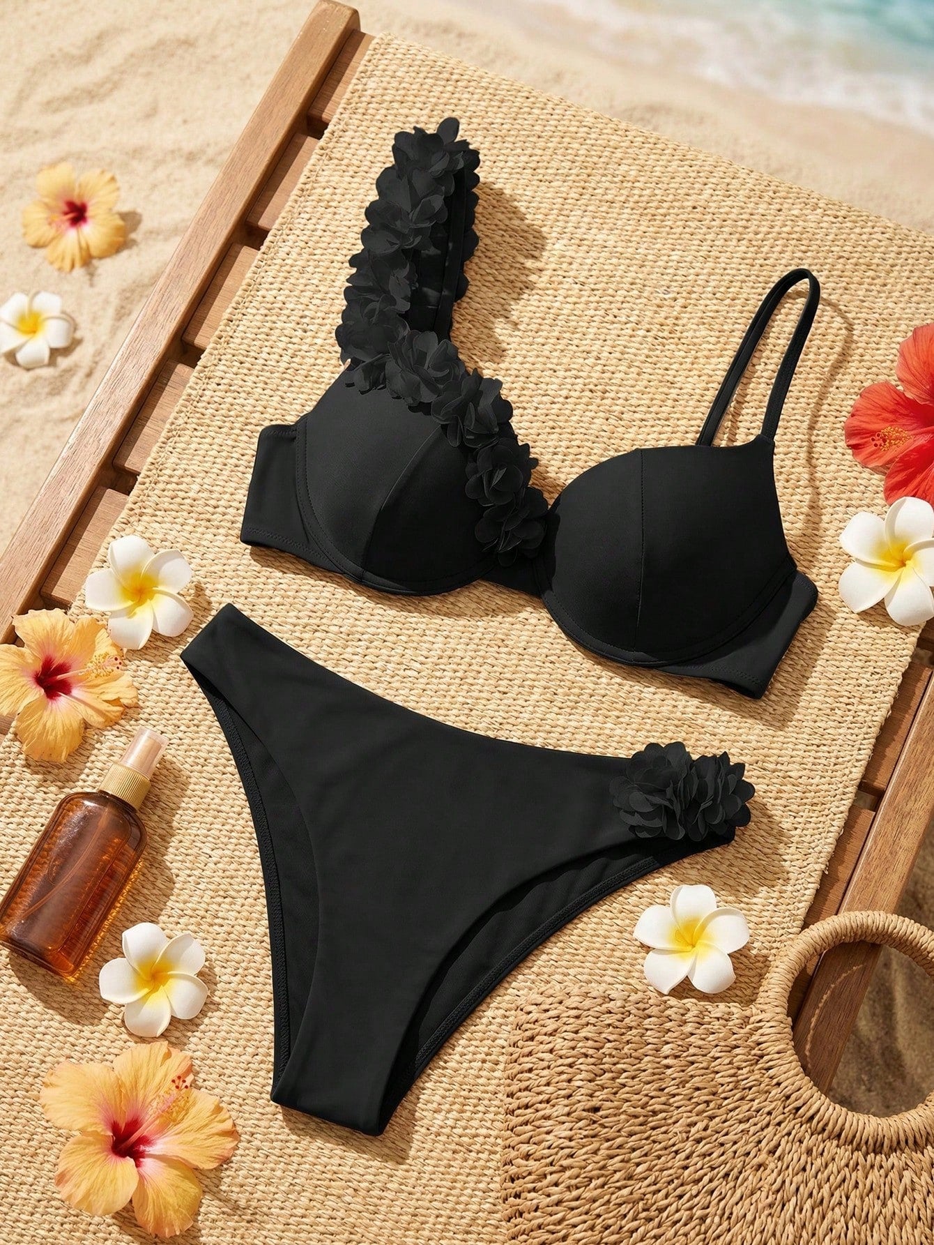 Swim SXY Summer Beach Flower Deco V-Neck Bikini Set, Bikini Set, Two Pieces