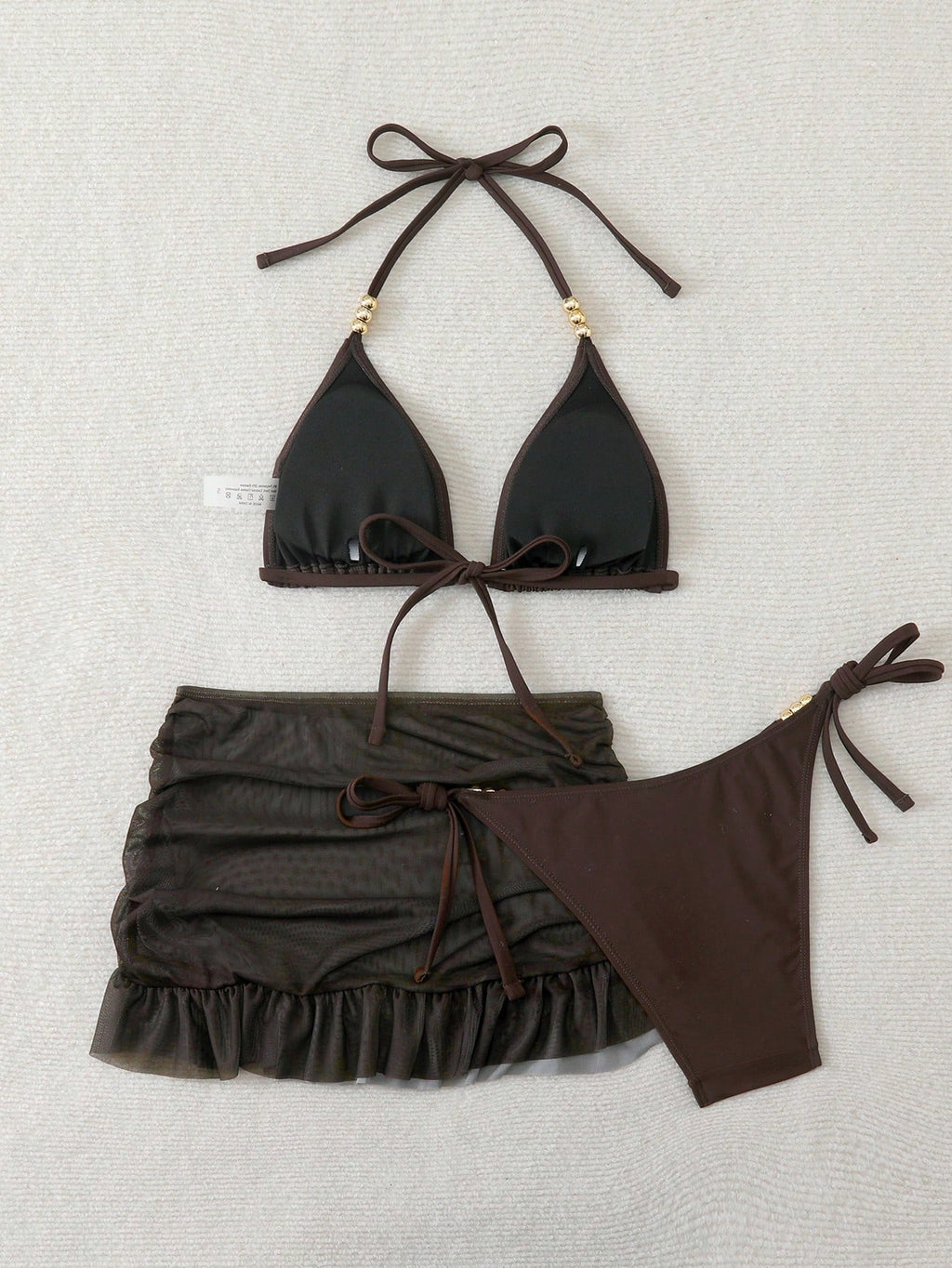 Swim SXY 3pcs Women's Sexy Solid Color V-Neck Halter Tie Bikini Set