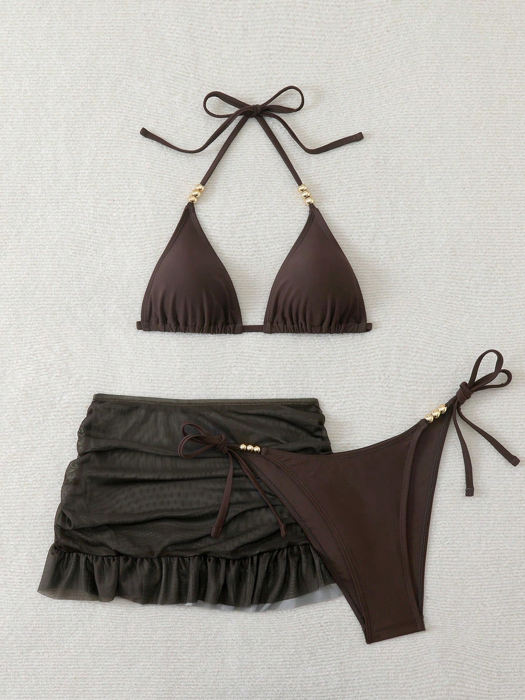 Swim SXY 3pcs Women's Sexy Solid Color V-Neck Halter Tie Bikini Set