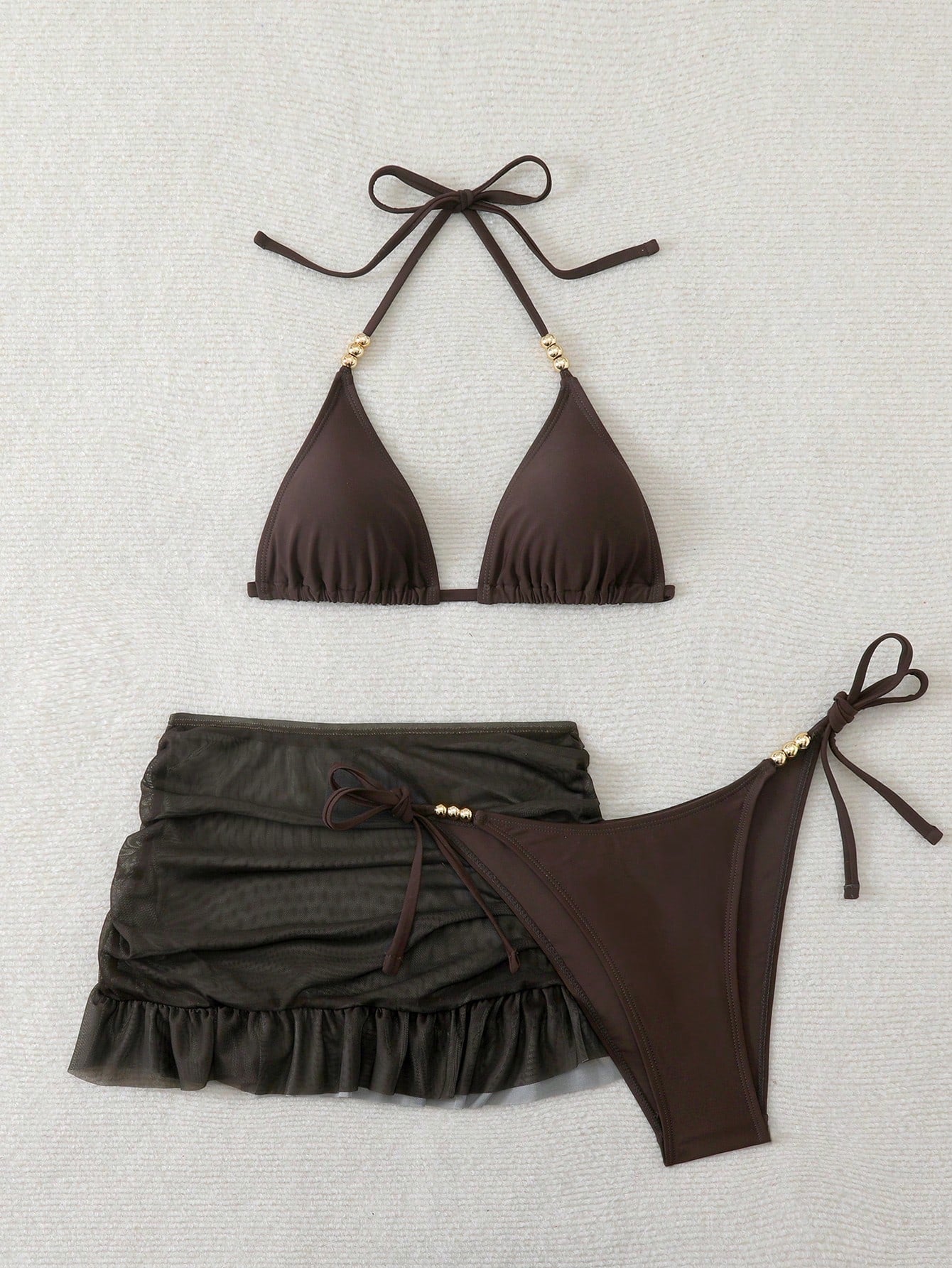 Swim SXY 3pcs Women's Sexy Solid Color V-Neck Halter Tie Bikini Set
