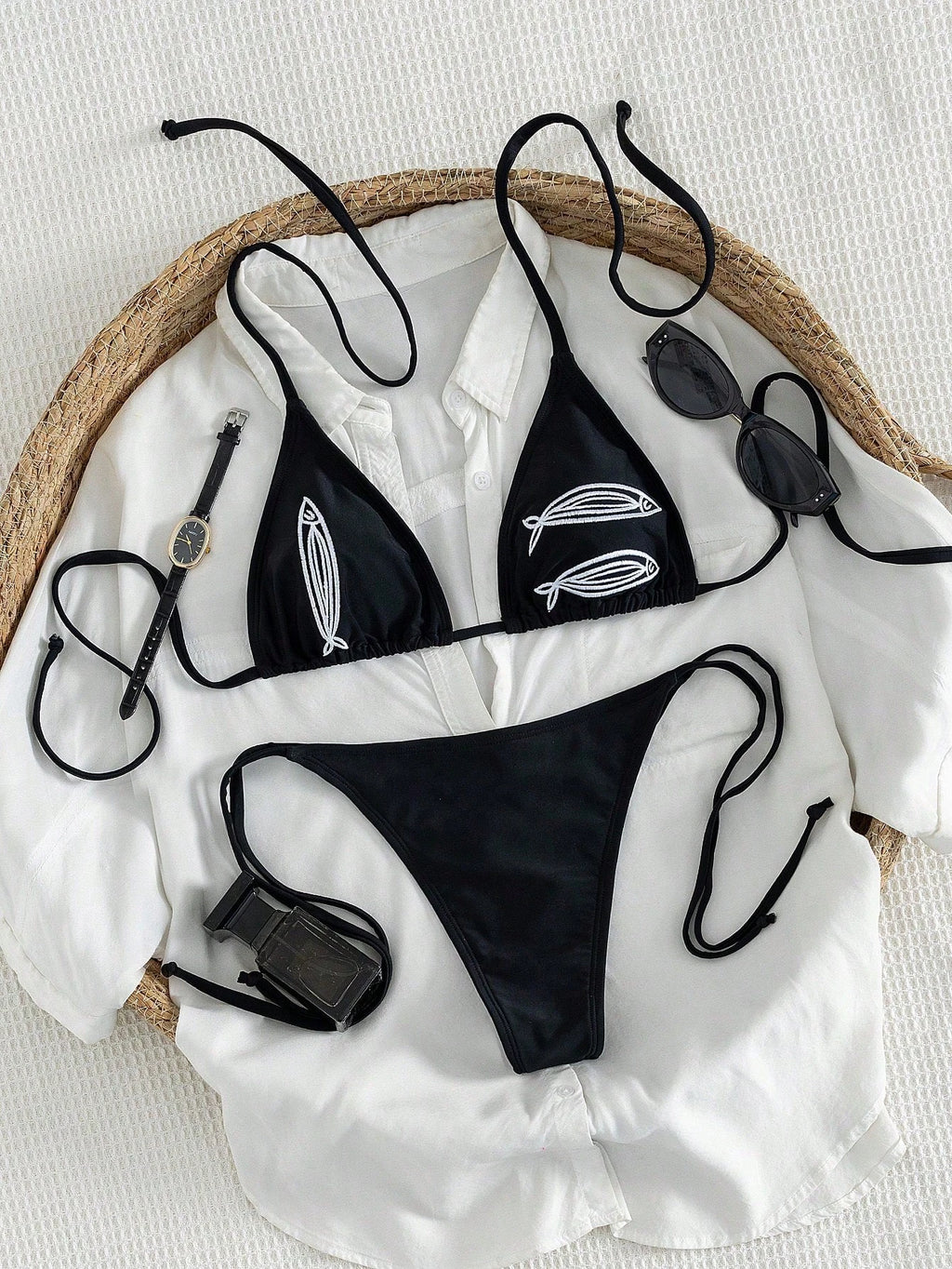 New 2-Piece Set Women's Elegant Sexy Cute Y2K Style Pure Black Triangle Bikini S