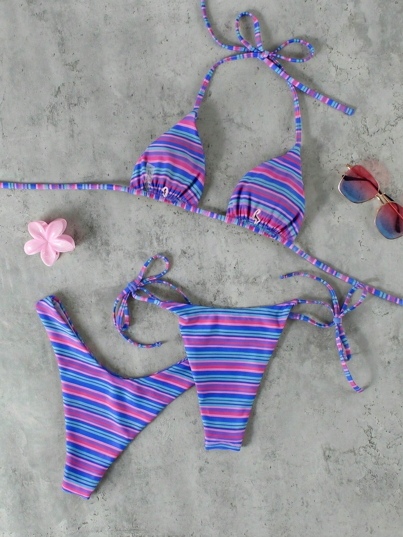 Women's Pink & Purple Striped Halter Neck Bikini 3-Piece Swimsuit,