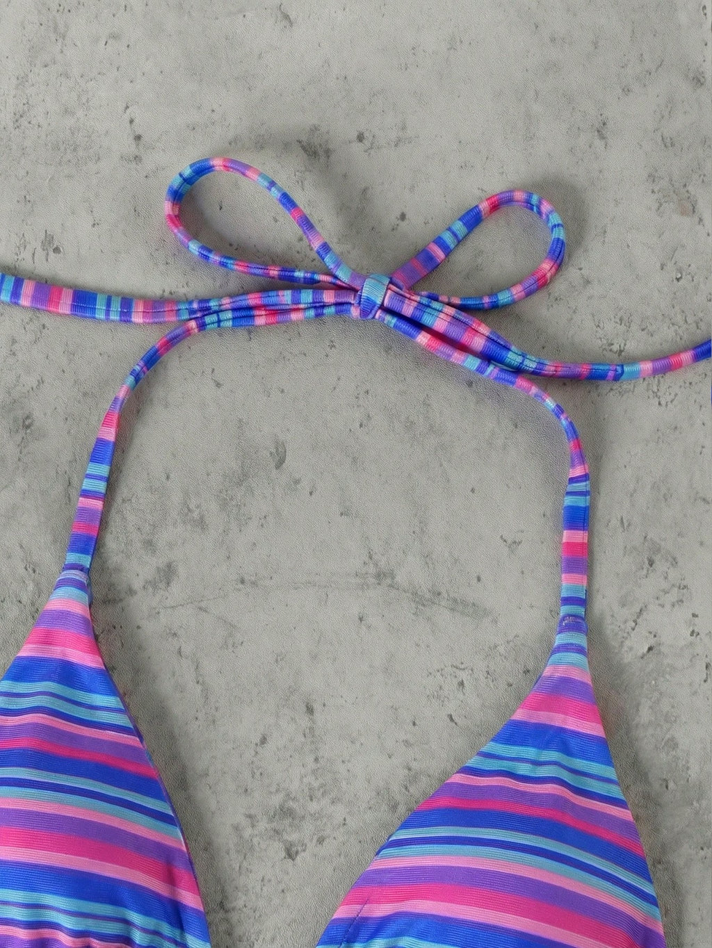 Women's Pink & Purple Striped Halter Neck Bikini 3-Piece Swimsuit,
