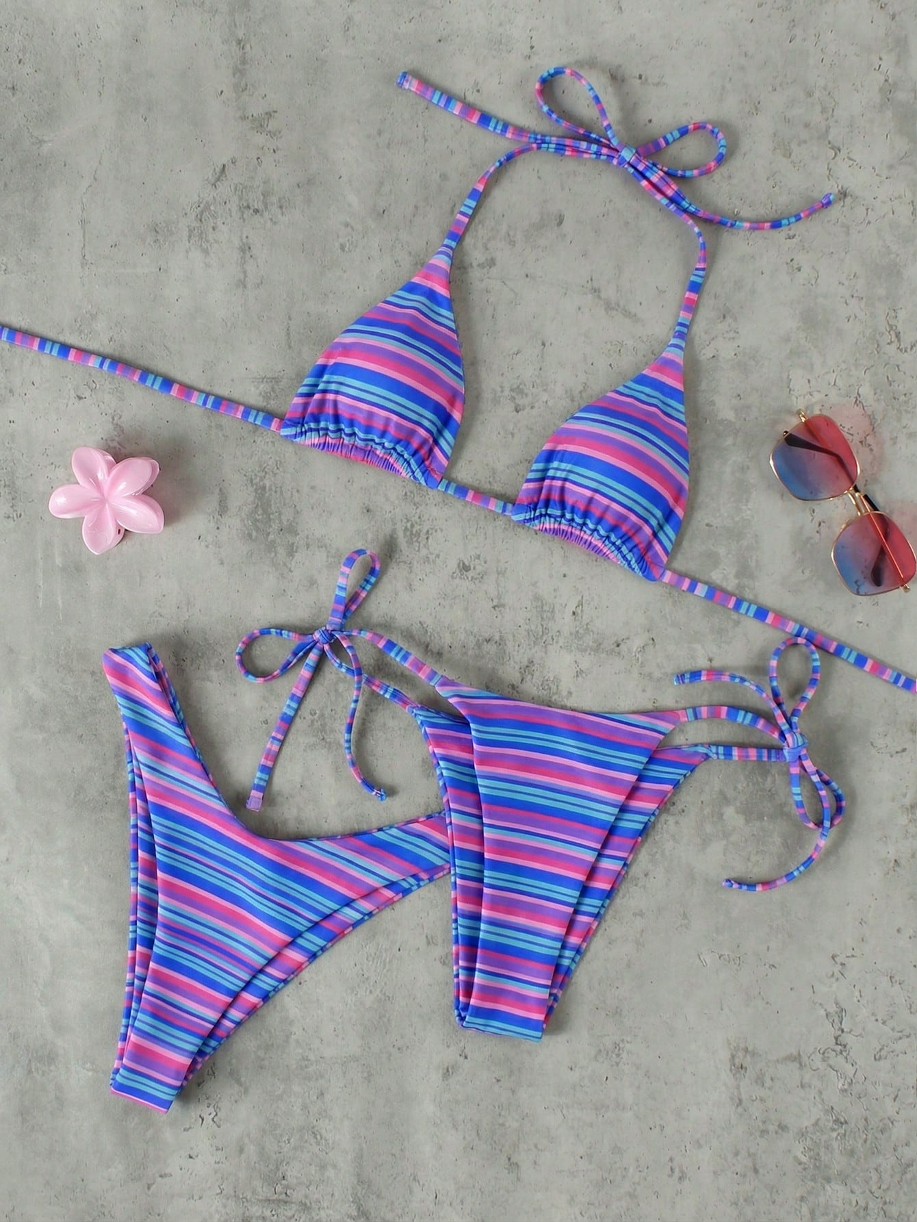 Women's Pink & Purple Striped Halter Bikini 3-Piece Swimsuit, Elegant