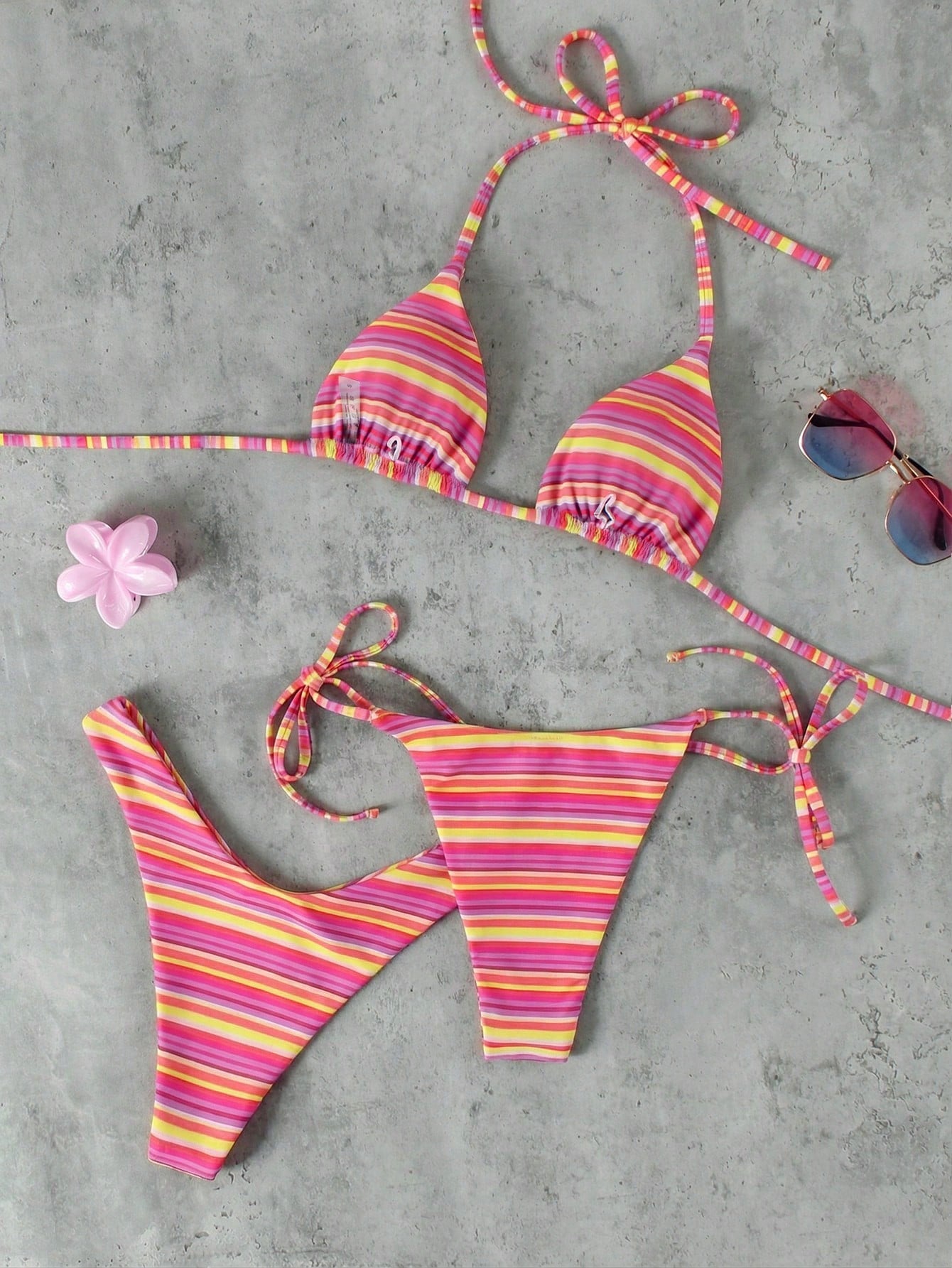 Women's Pink & Purple Striped Halter Neck Bikini 3-Piece Swimsuit,