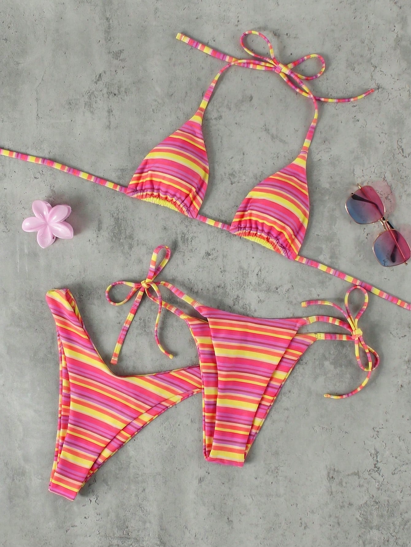Women's Pink & Purple Striped Halter Neck Bikini 3-Piece Swimsuit,