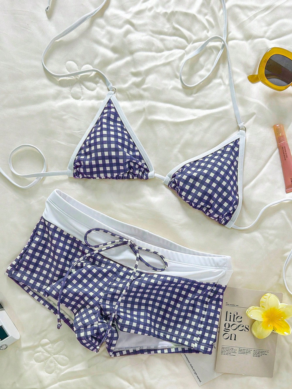 Bonvoyette Women's Purple Bikini Set,Cute Retro Check Graphic