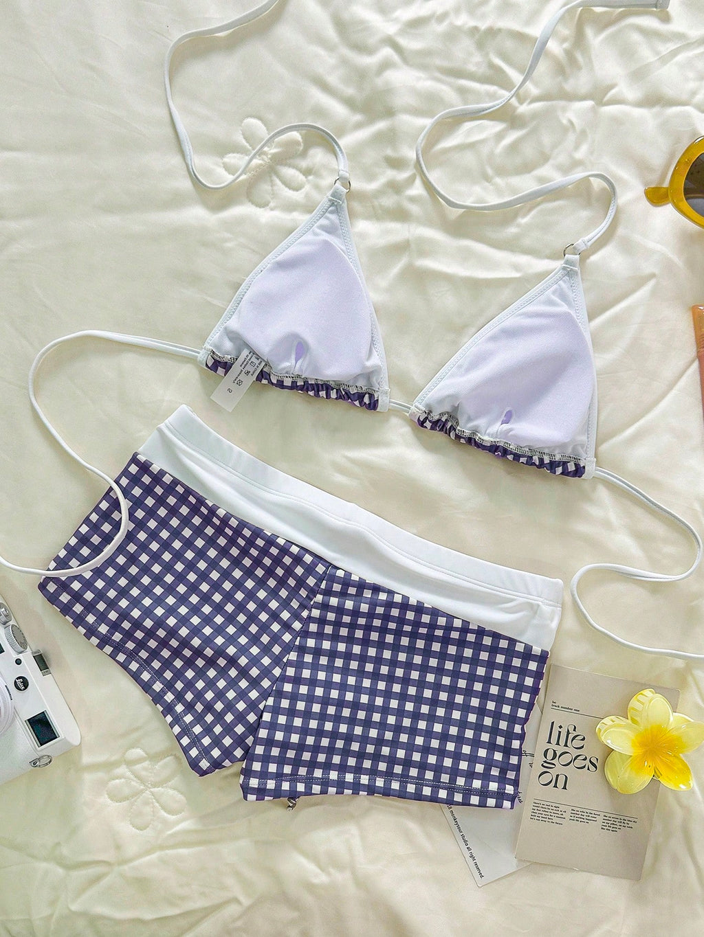 Swim Mod Women Gingham Print Bikini Set With Gym Short