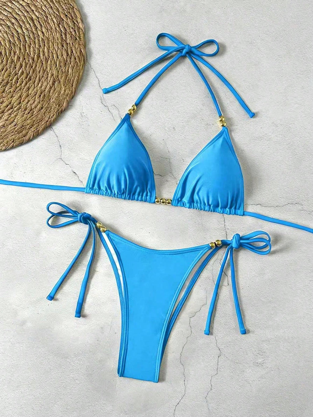 Lucky Girl Summer New Women's Black Beaded Tie Two Pieces Swimwear Set, Beach Ho