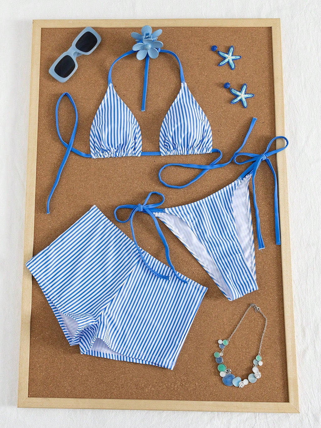 Swim Mod Women's 3-Piece Striped Print Halter Bikini Set With Briefs,
