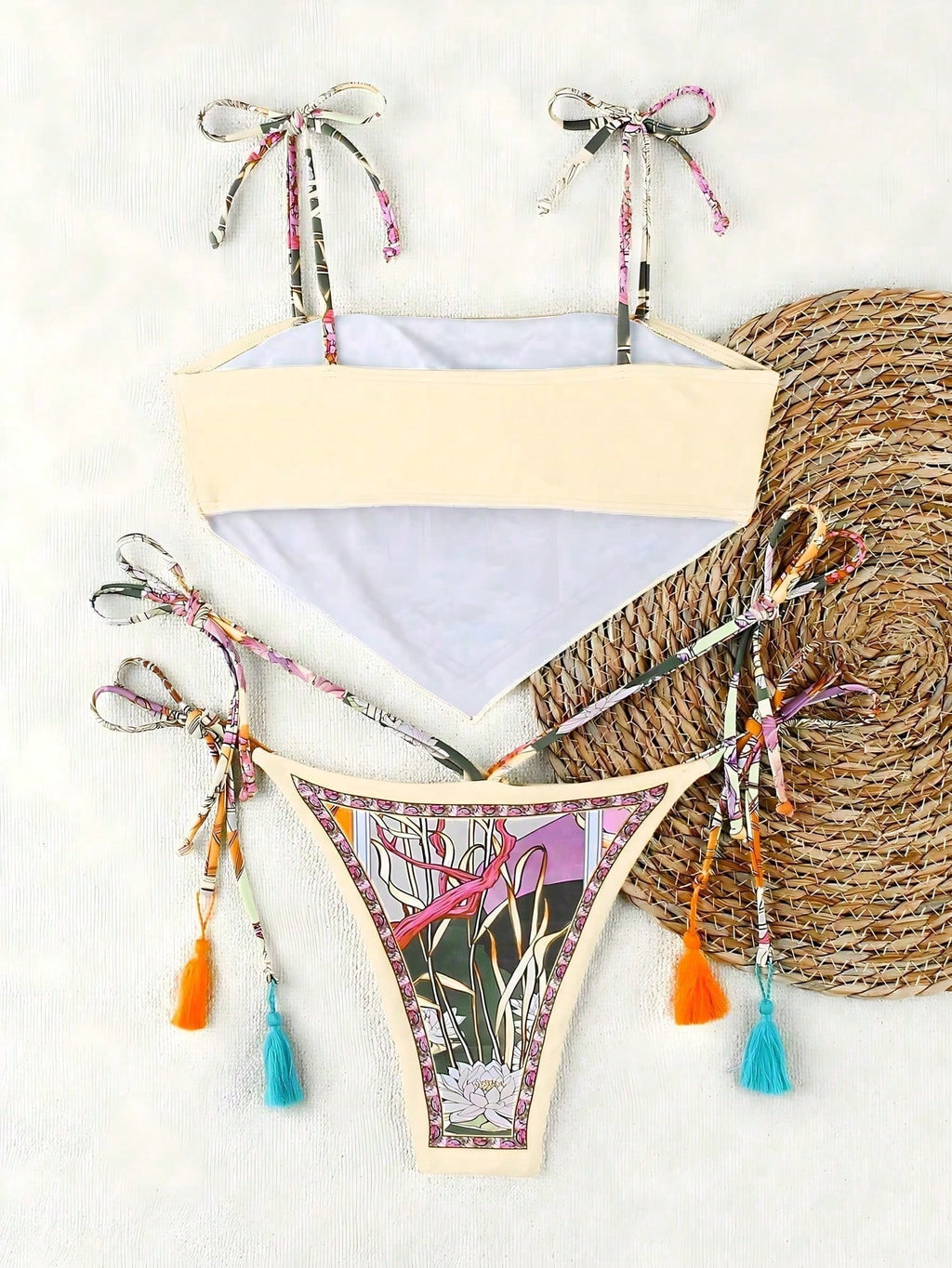 Spring/Summer New Bohemian Style Green Lace-Up Bikini, Elegant Sexy Casual Floral Print With Contrast Trim, - image 20