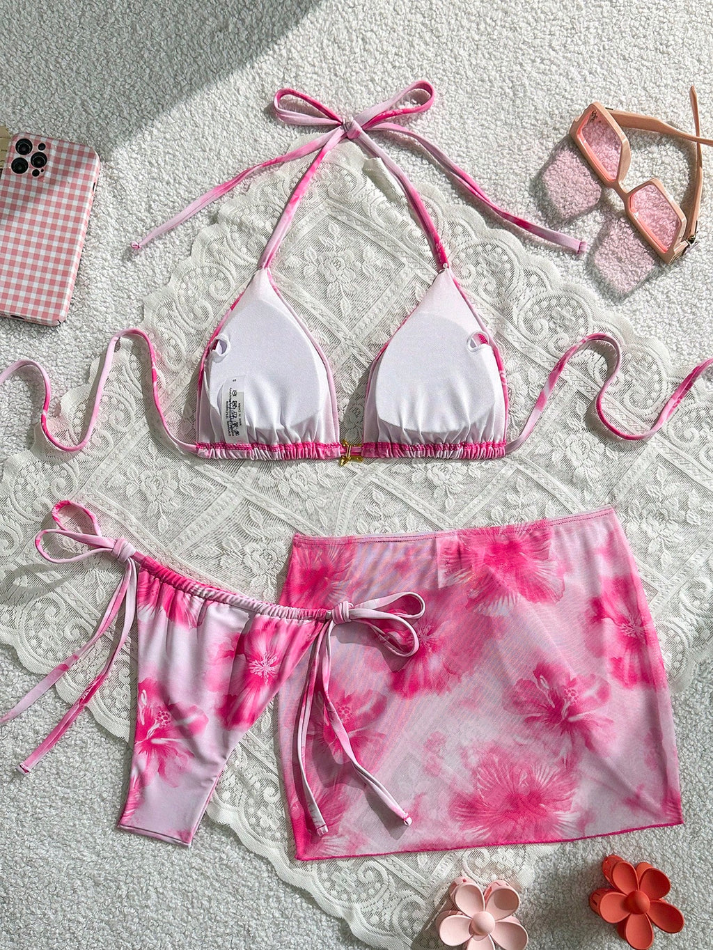 Swim Mod 3pcs Summer New Solid Color Tie Halter Triangle Bikini Top & Mini Skirt