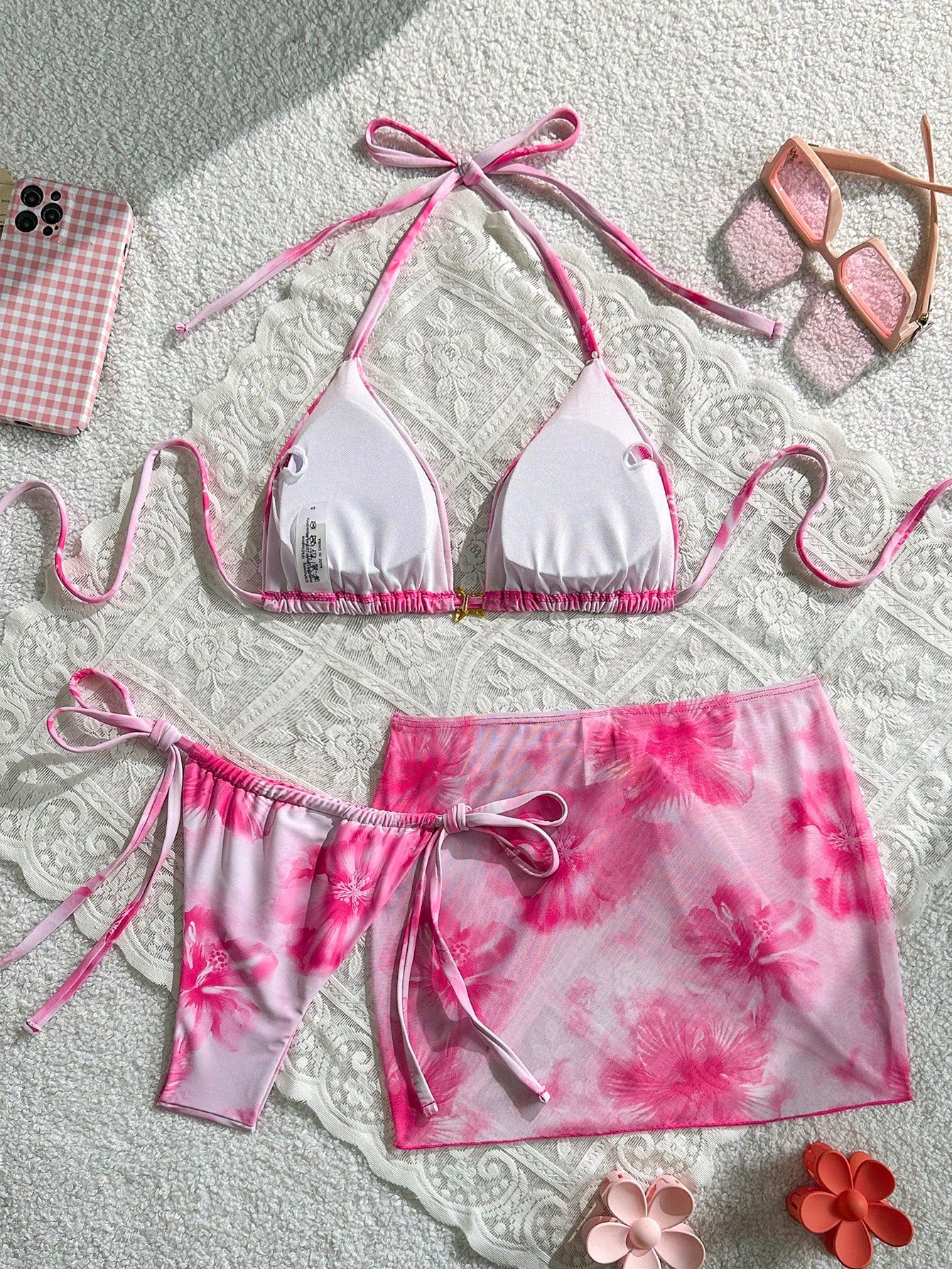 Swim Mod 3pcs Summer New Solid Color Tie Halter Triangle Bikini Top & Mini Skirt