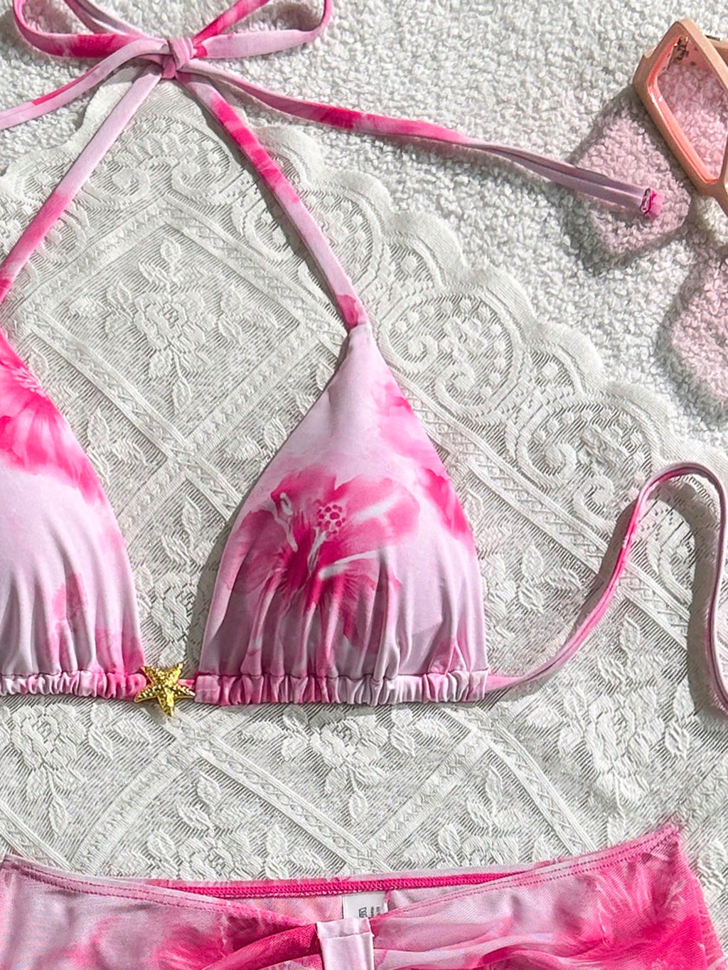 Swim Mod 3pcs Summer New Solid Color Tie Halter Triangle Bikini Top & Mini Skirt