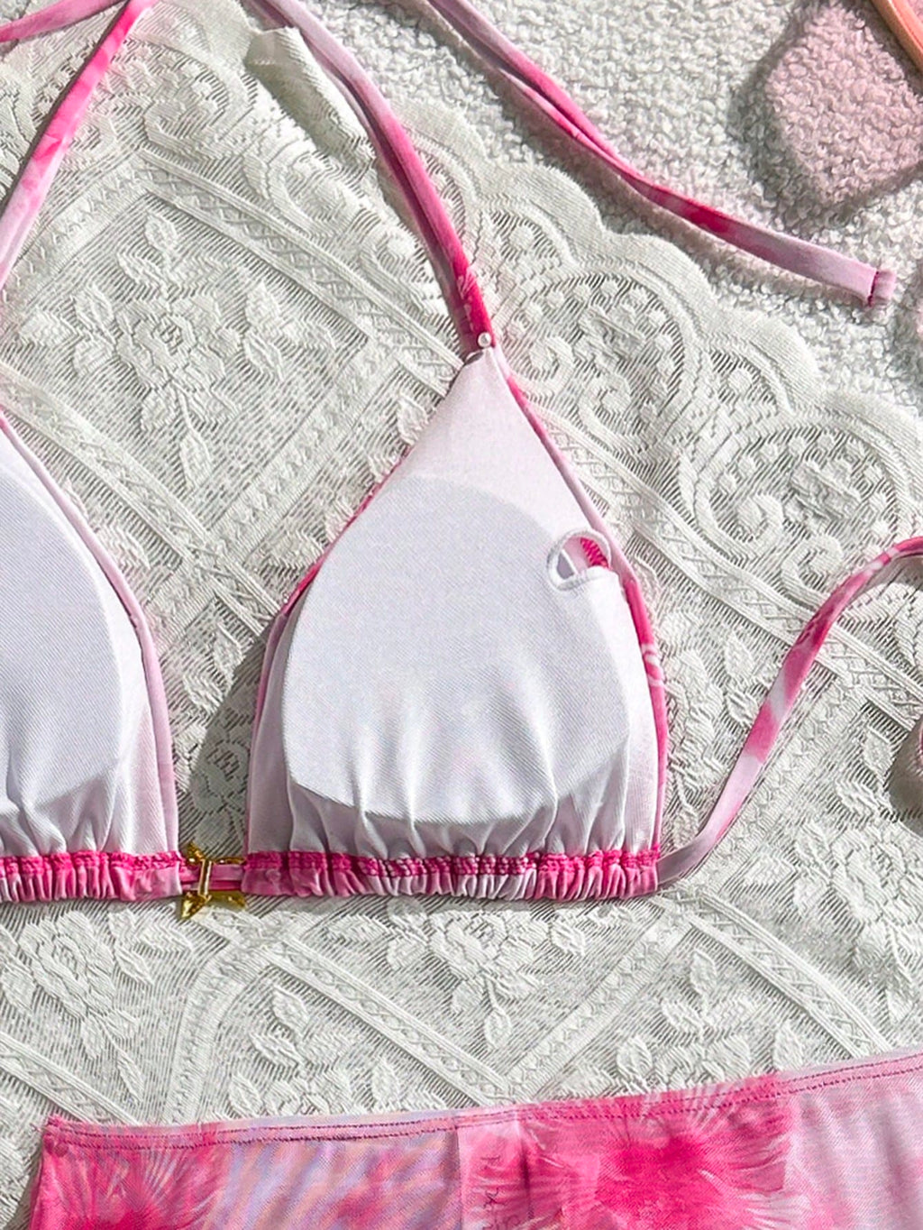 Swim Mod 3pcs Summer New Solid Color Tie Halter Triangle Bikini Top & Mini Skirt