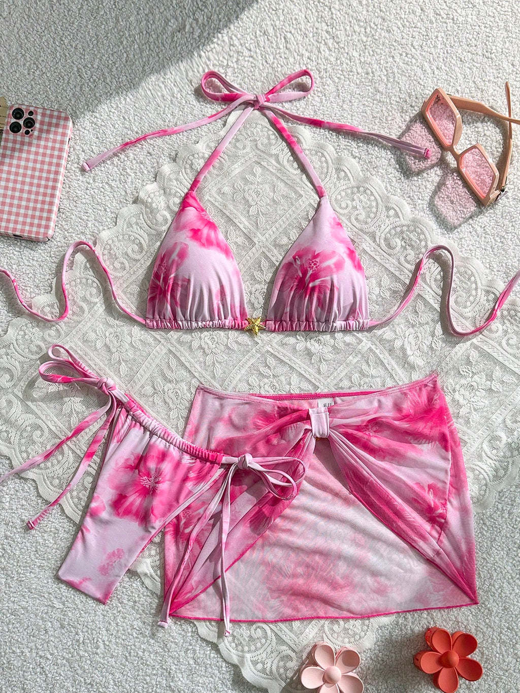 Swim Mod 3pcs Summer New Solid Color Tie Halter Triangle Bikini Top & Mini Skirt