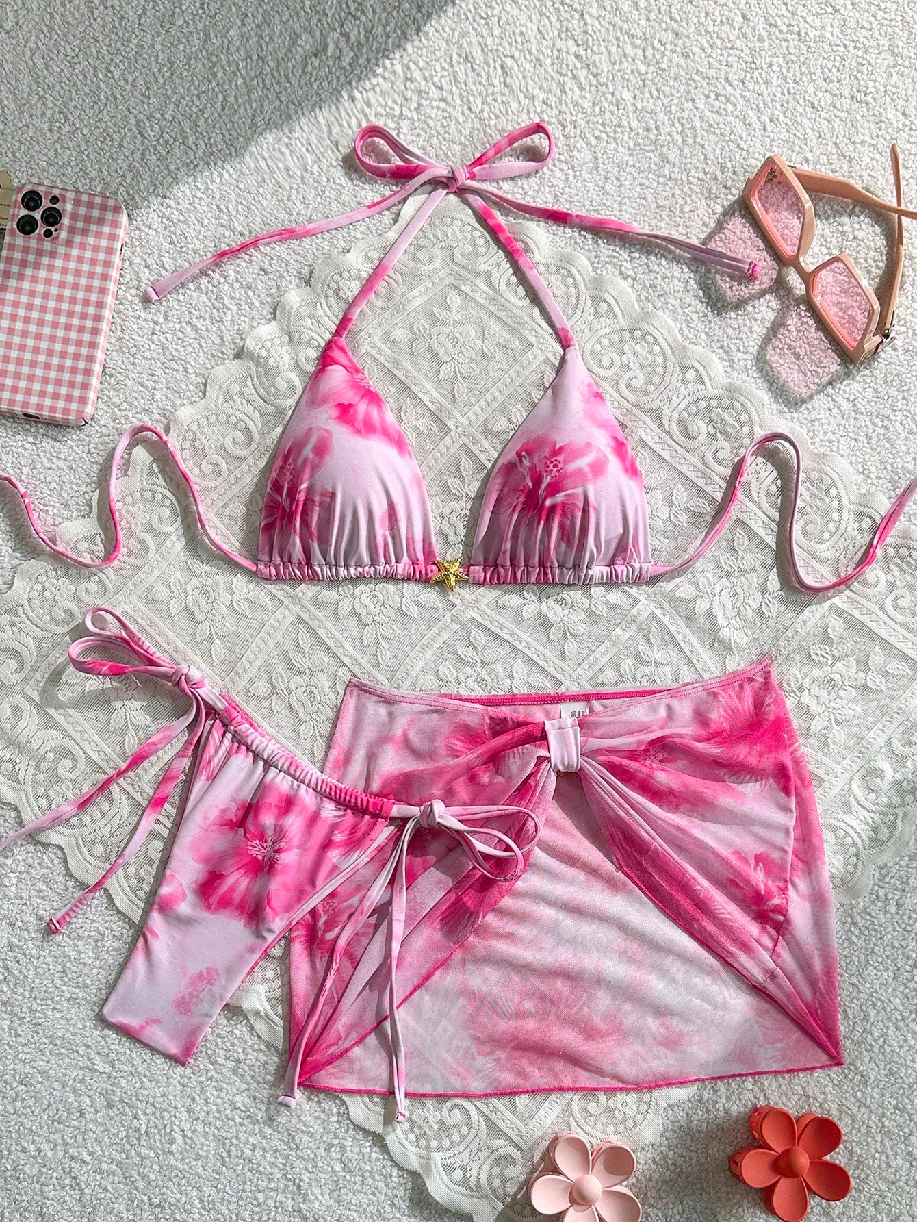 Swim Mod 3pcs Summer New Solid Color Tie Halter Triangle Bikini Top & Mini Skirt