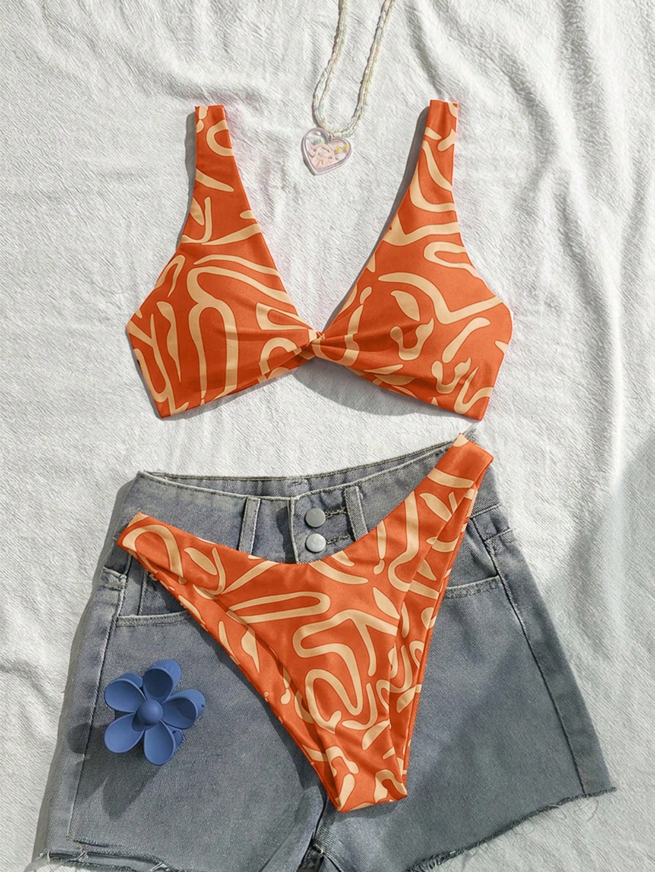 Swim Vcay Women Fashion Blue Floral Print Separate Swimwear Set, Sexy