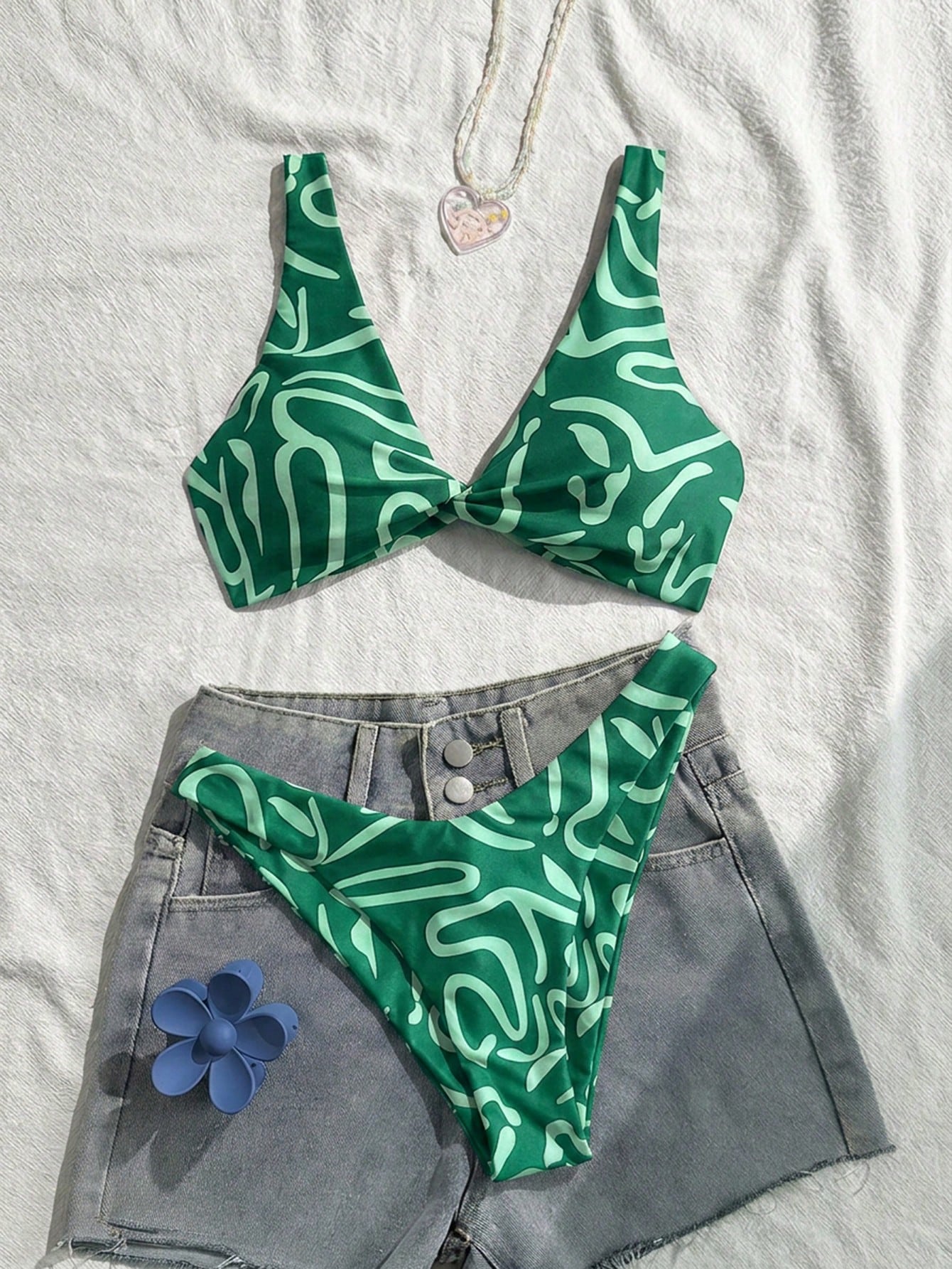 Swim Vcay Women Fashion Blue Floral Print Separate Swimwear Set, Sexy