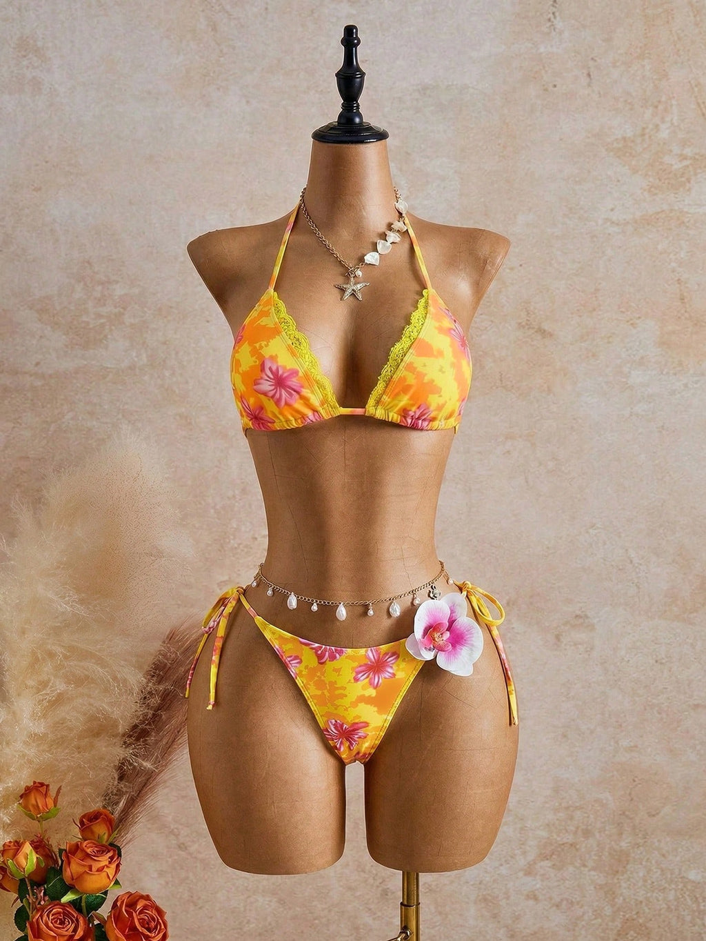 Bellisia Women's Floral Print Frill Lace Trim Tie Front 3-Piece