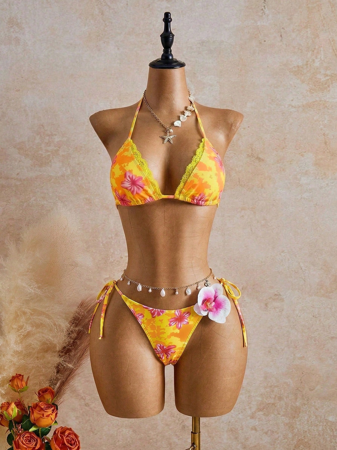 Bellisia Women's Floral Print Frill Lace Trim Tie Front 3-Piece