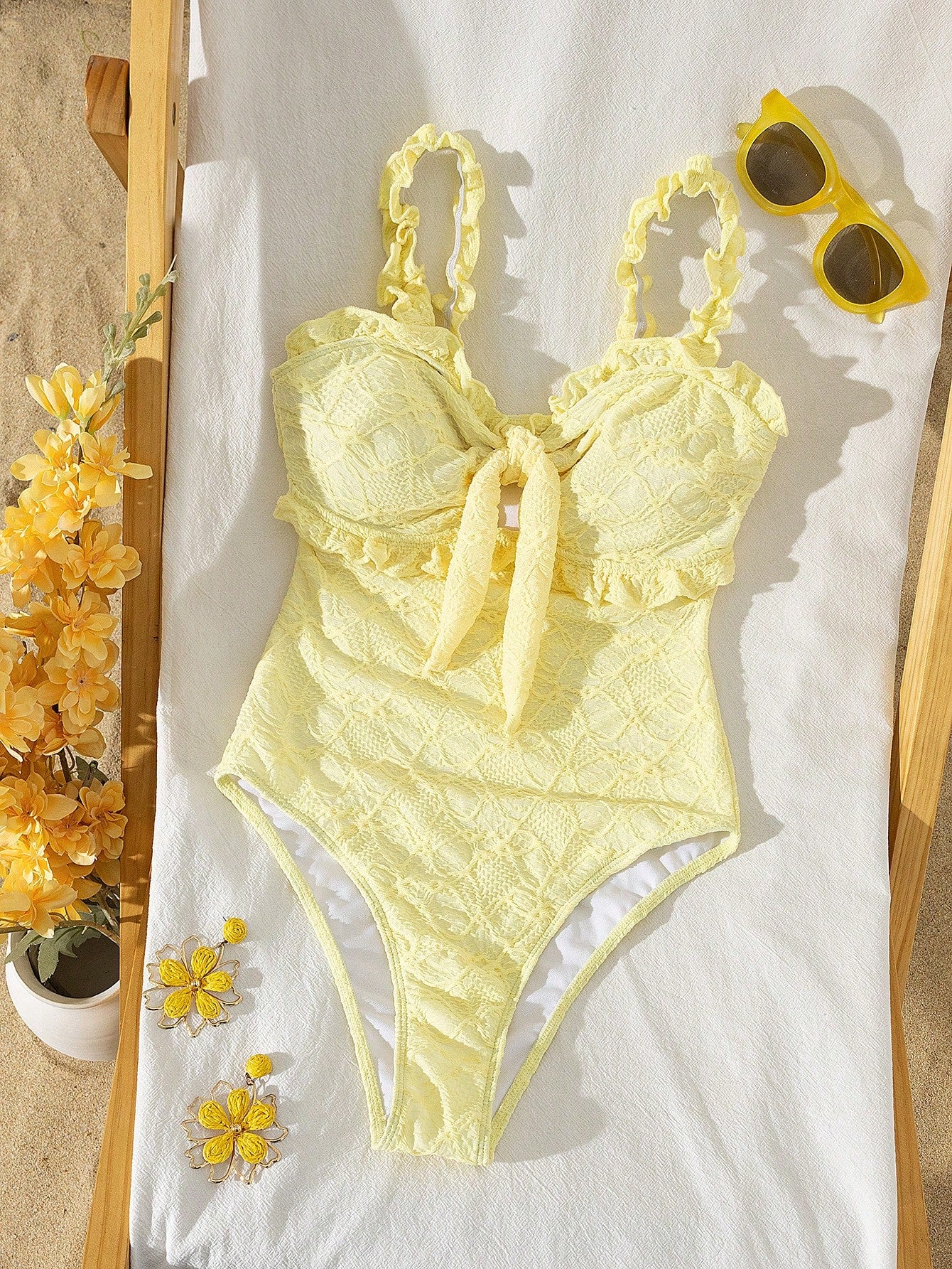 Swim Mod Women's Latest Fashion Beach Wear For Spring/Summer, Hollow-Out Textured Floral Print Light Yellow - image 10