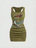 Grunge Punk Women's Retro Baddie Unisex Streetwear Casual Galaxy Star Rivet Print Bodycon Mini Dress