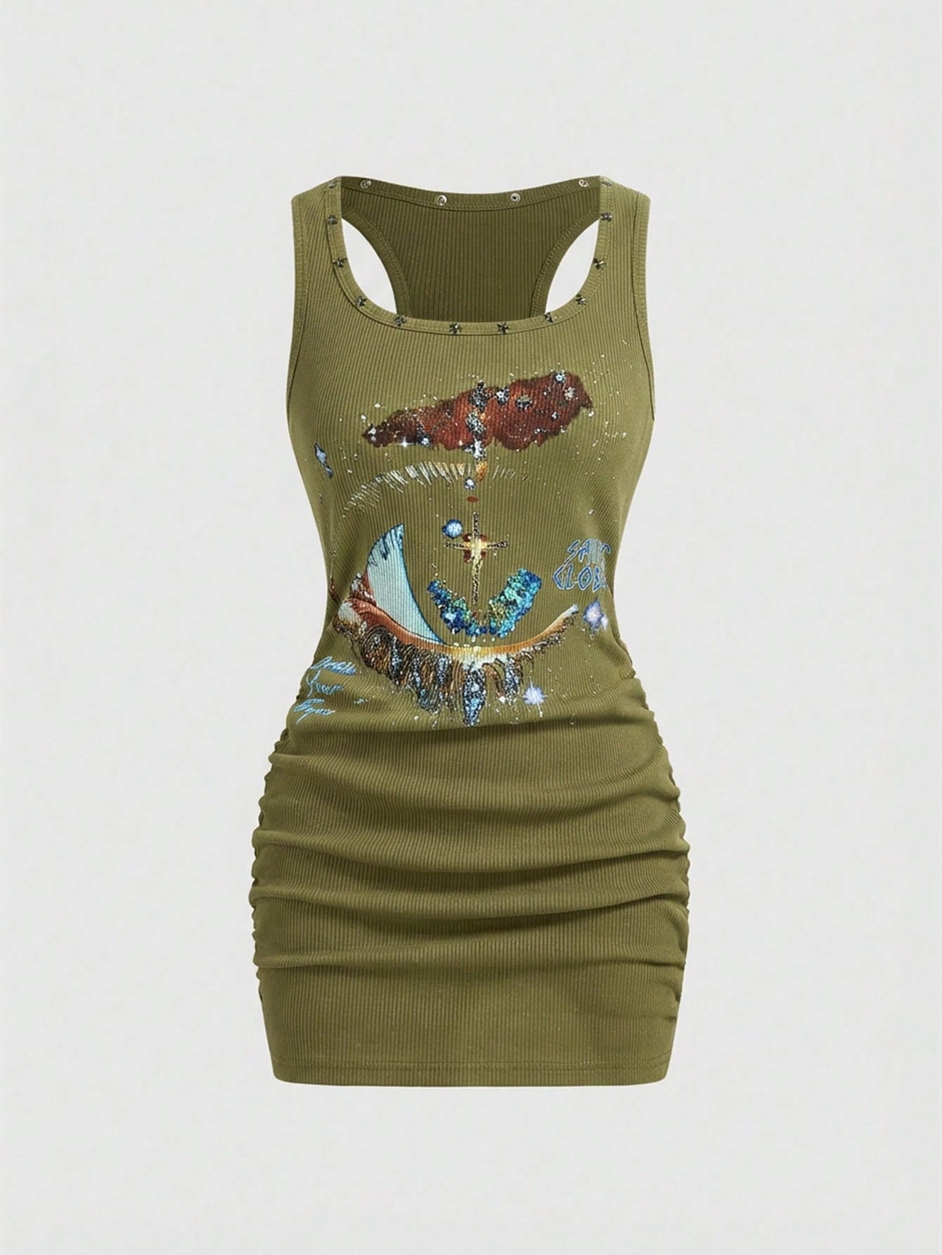 Grunge Punk Women's Retro Baddie Unisex Streetwear Casual Galaxy Star Rivet Print Bodycon Mini Dress