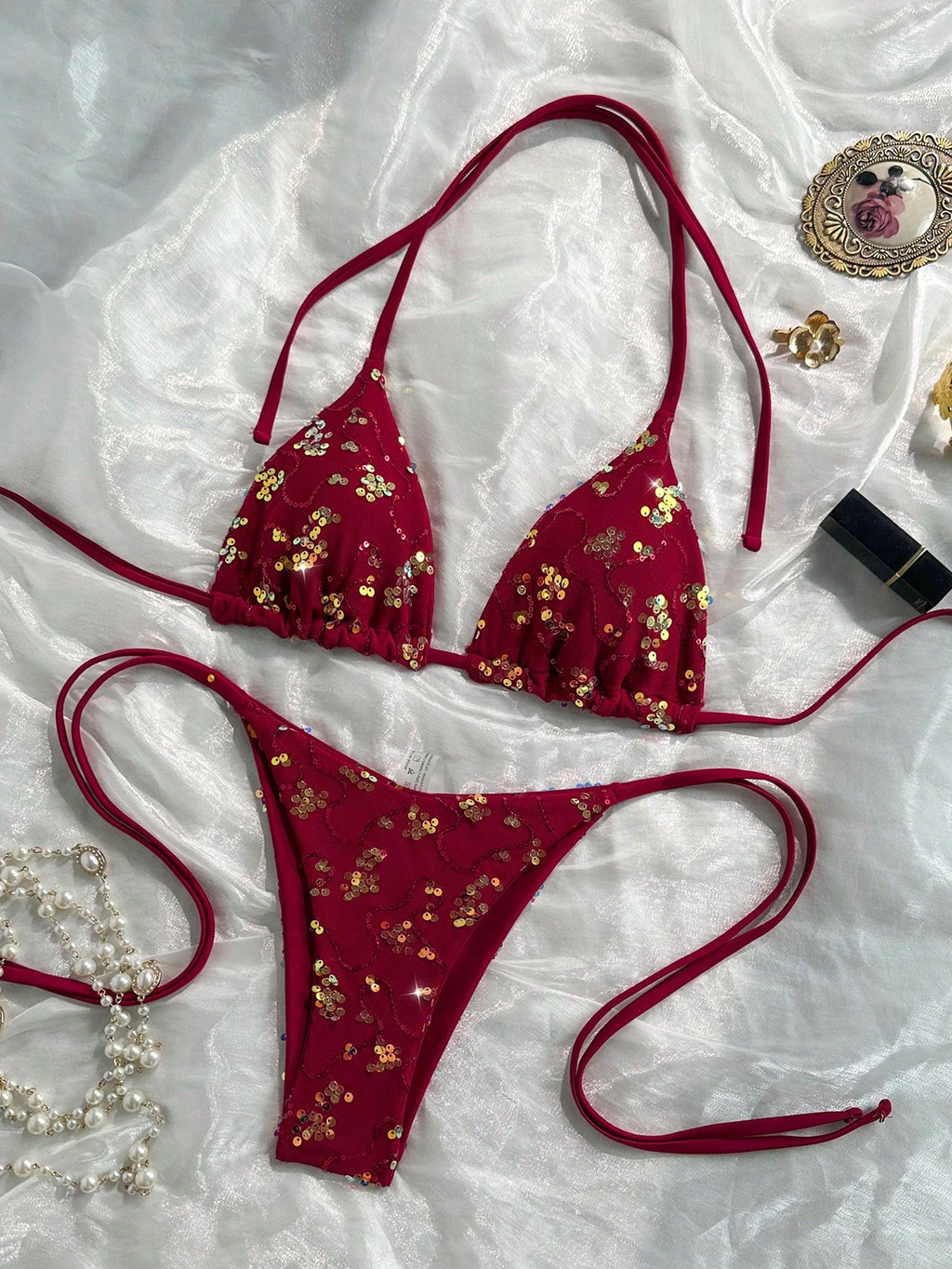 Costavie 2-Piece Spring/Summer Vacation Sequin Textured Fabric Halter