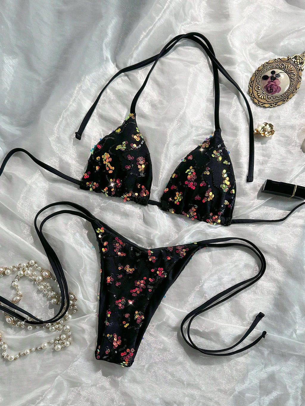 Costavie 2-Piece Spring/Summer Vacation Sequin Textured Fabric Halter