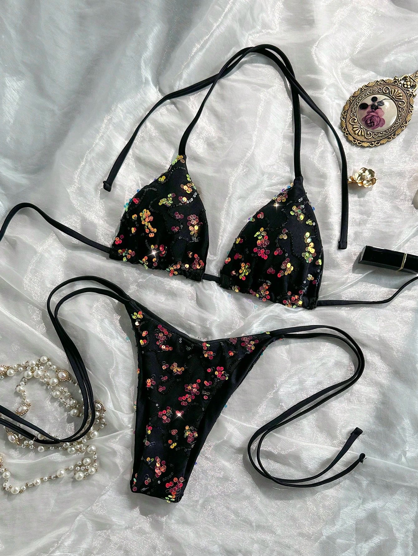 Costavie 2-Piece Spring/Summer Vacation Sequin Textured Fabric Halter