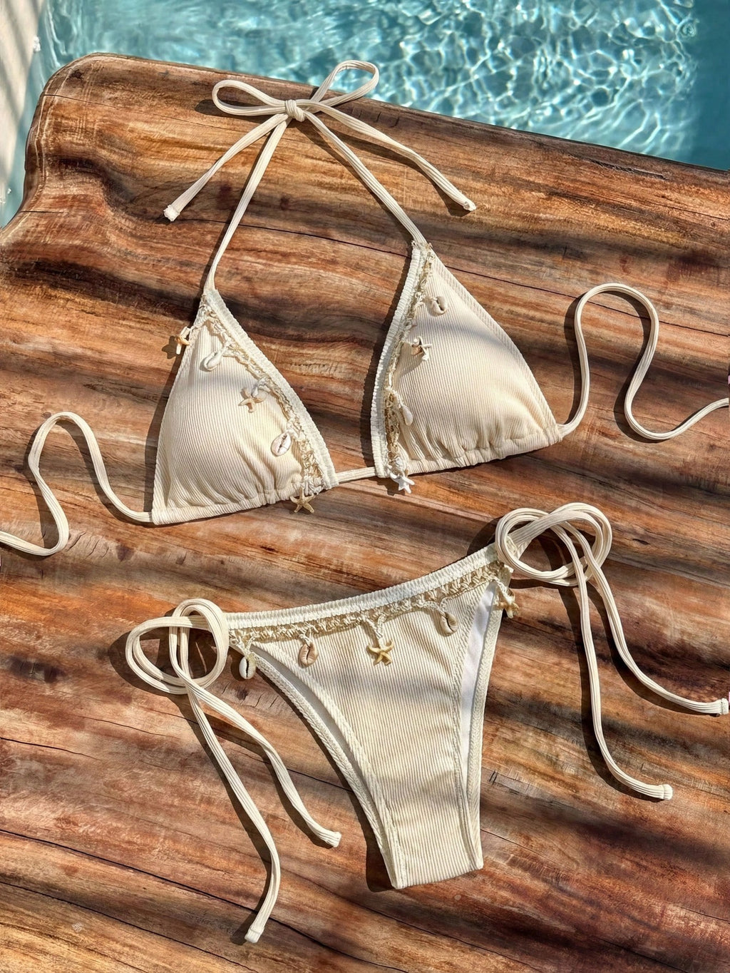 Bikinx Women's Solid Color Satin Ribbon & Shell Decor Triangle Cup