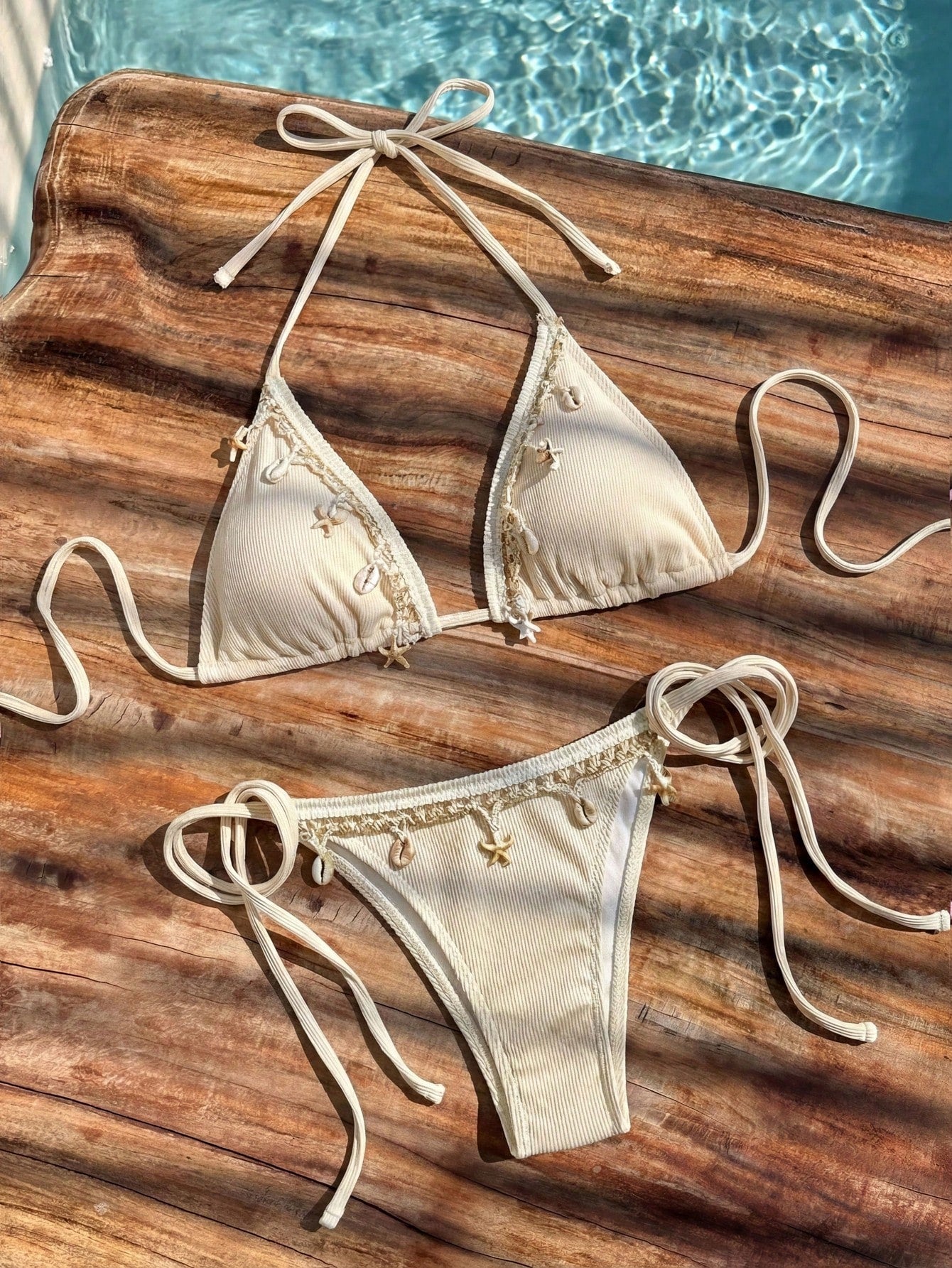 Bikinx Women's Solid Color Satin Ribbon & Shell Decor Triangle Cup
