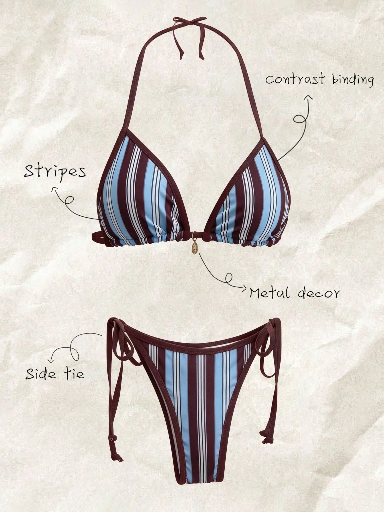 Swim Mod Multicolor Fabric Tropical Halter Bikini Set Knot Tie Side