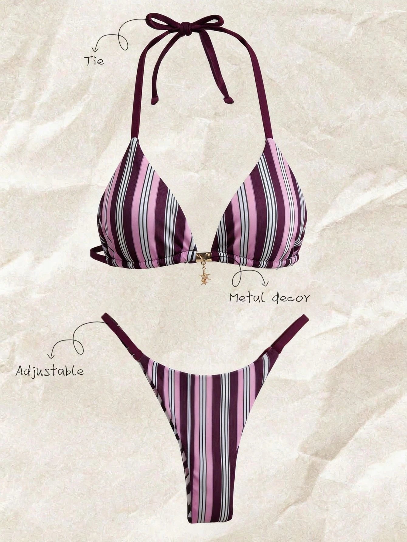 Swim Mod Multicolor Fabric Tropical Halter Bikini Set Knot Tie Side